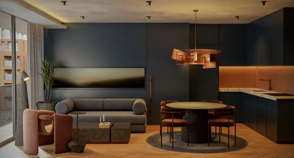 Sala, comedor y cocina abierta de un apartamento amoblado de Altitude 93