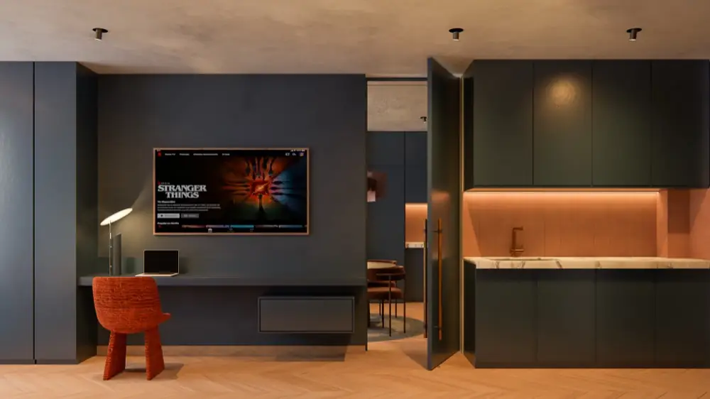 Studio with desk and kitchenette