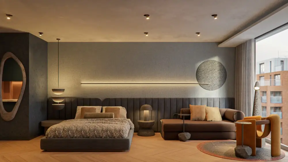 Bedroom with upholstered headboard, terracotta sofa and large window