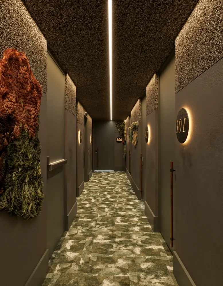 Hallway with moss wall and carpet inspired by the Andean páramo