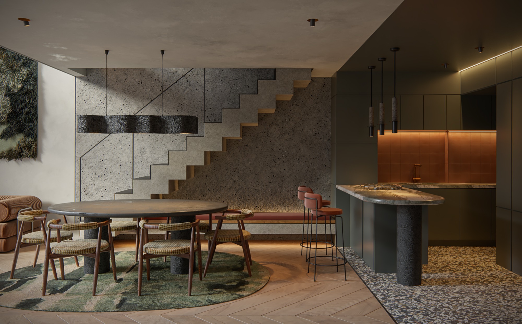 Sala comedor de un apartamento dúplex de Altitude 93 con escalera en piedra y luz cálida