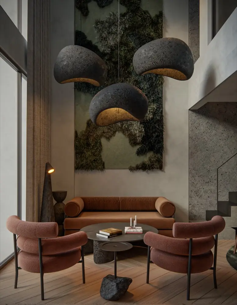 Sala de doble altura de un apartamento de Altitude 93 con lámparas escultóricas y jardín vertical