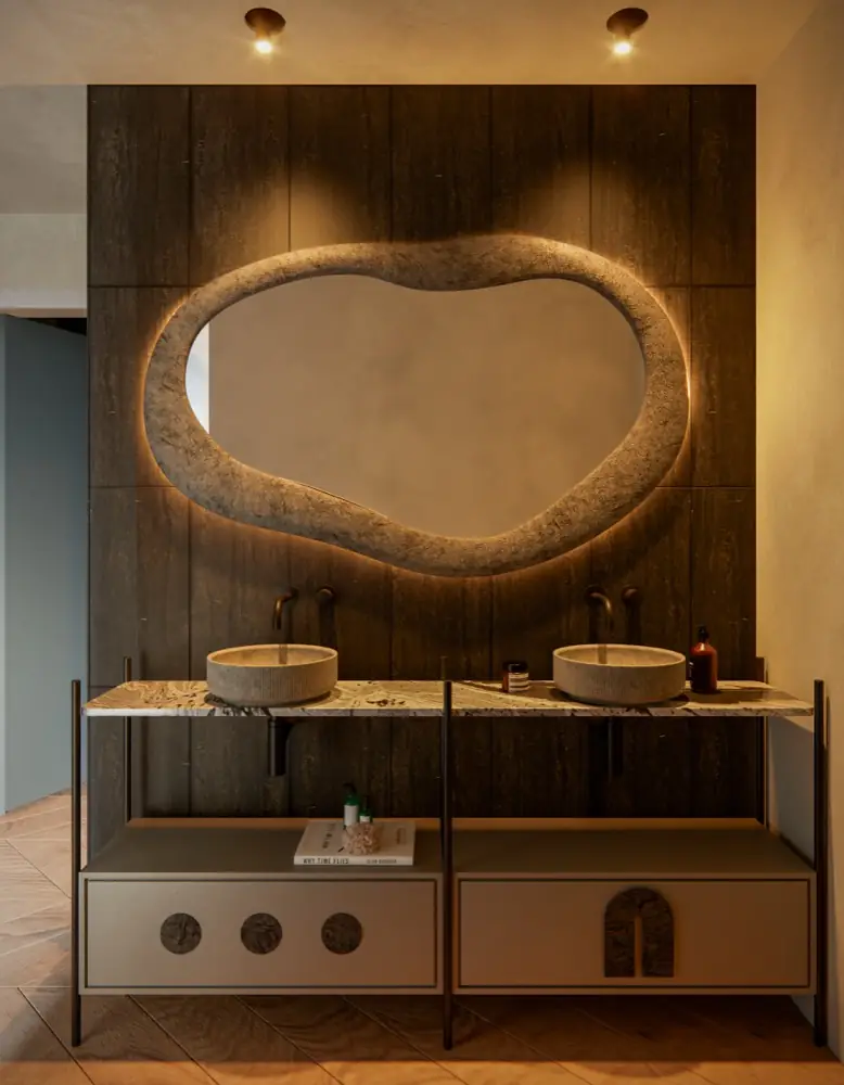 Double vanity with backlit organic mirror