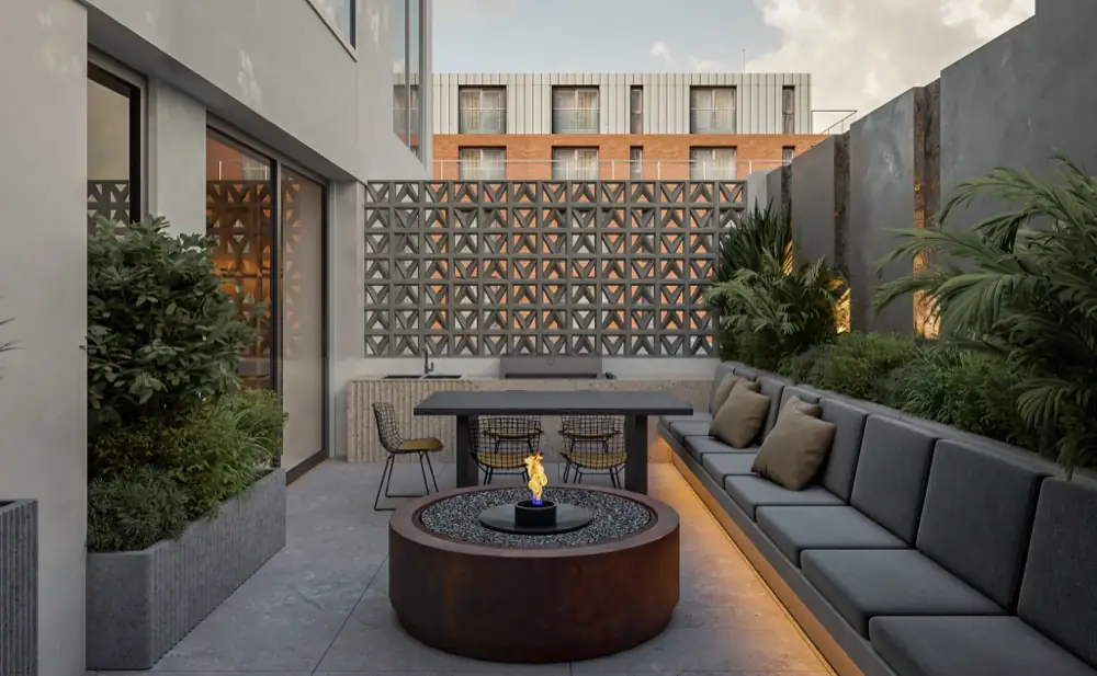 Private terrace with firepit and L-shaped sofa