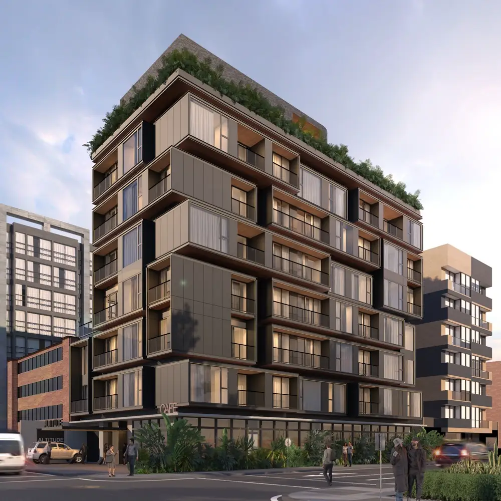 Altitude 93 façade in dark metal and glass with floating balconies and a green rooftop