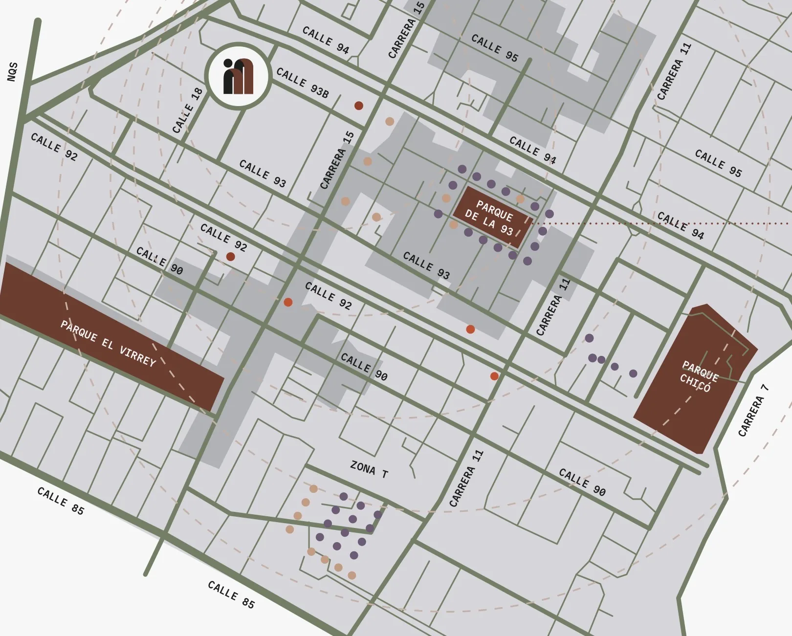 Mapa ilustrado de la zona de la Calle 93 con Altitude 93, Parque de la 93, Parque El Virrey, Parque Chicó y Zona T