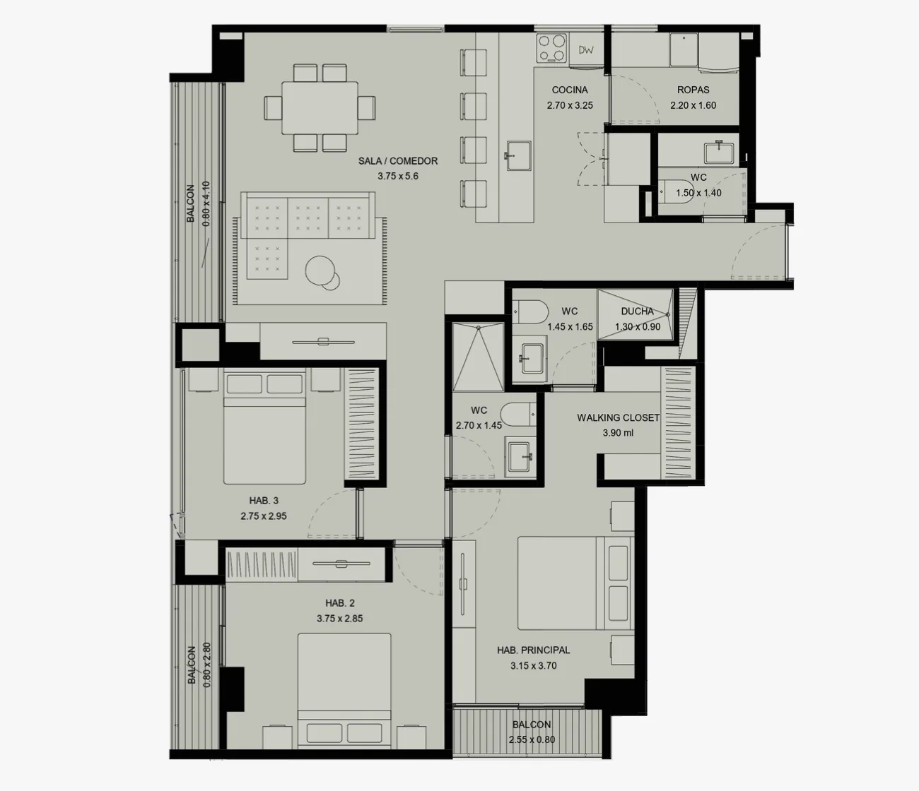 Plano del apartamento L de 116,3 m²
