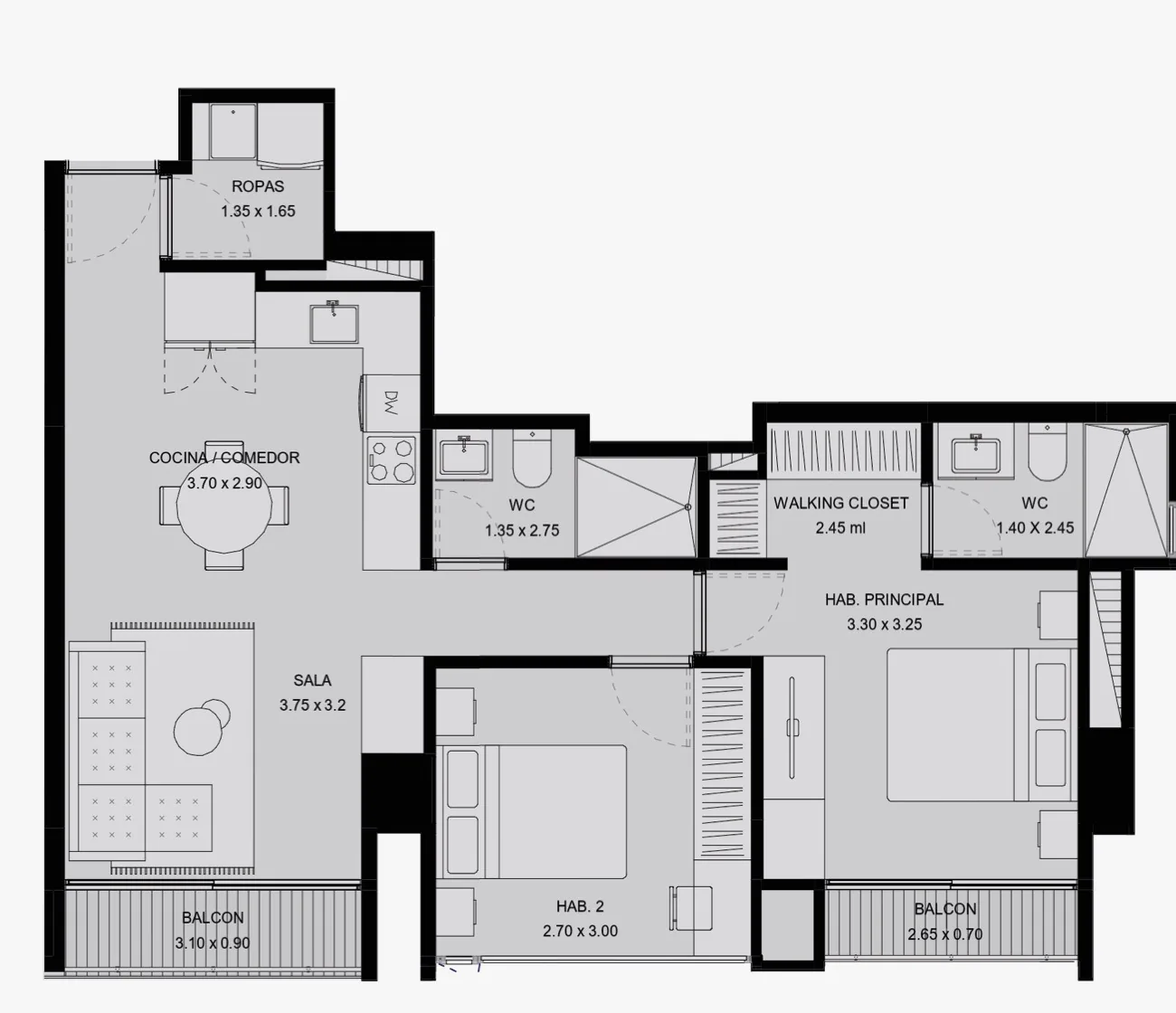 Plano del apartamento S1 de 71,43 m²