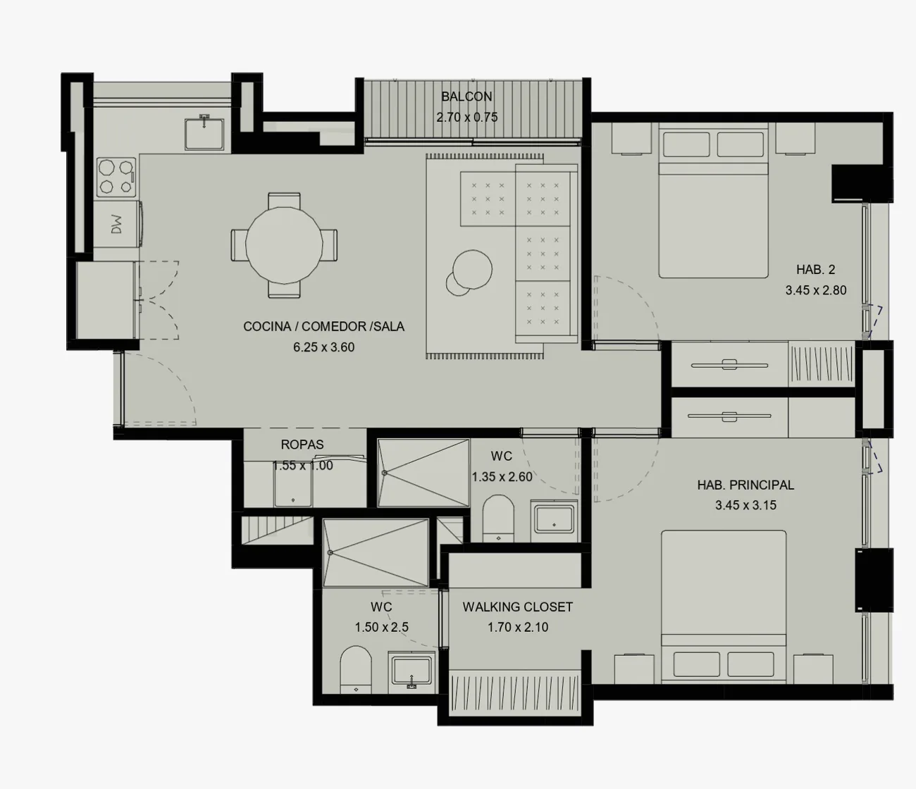 Plano del apartamento S2 de 73,49 m²